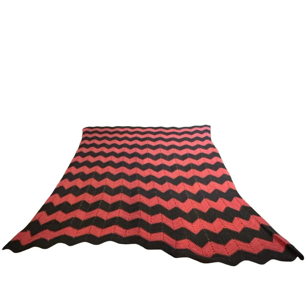Vintage Handmade Crochet Afghan Blanket Chevron Ripple Zig Zag Large 73x73